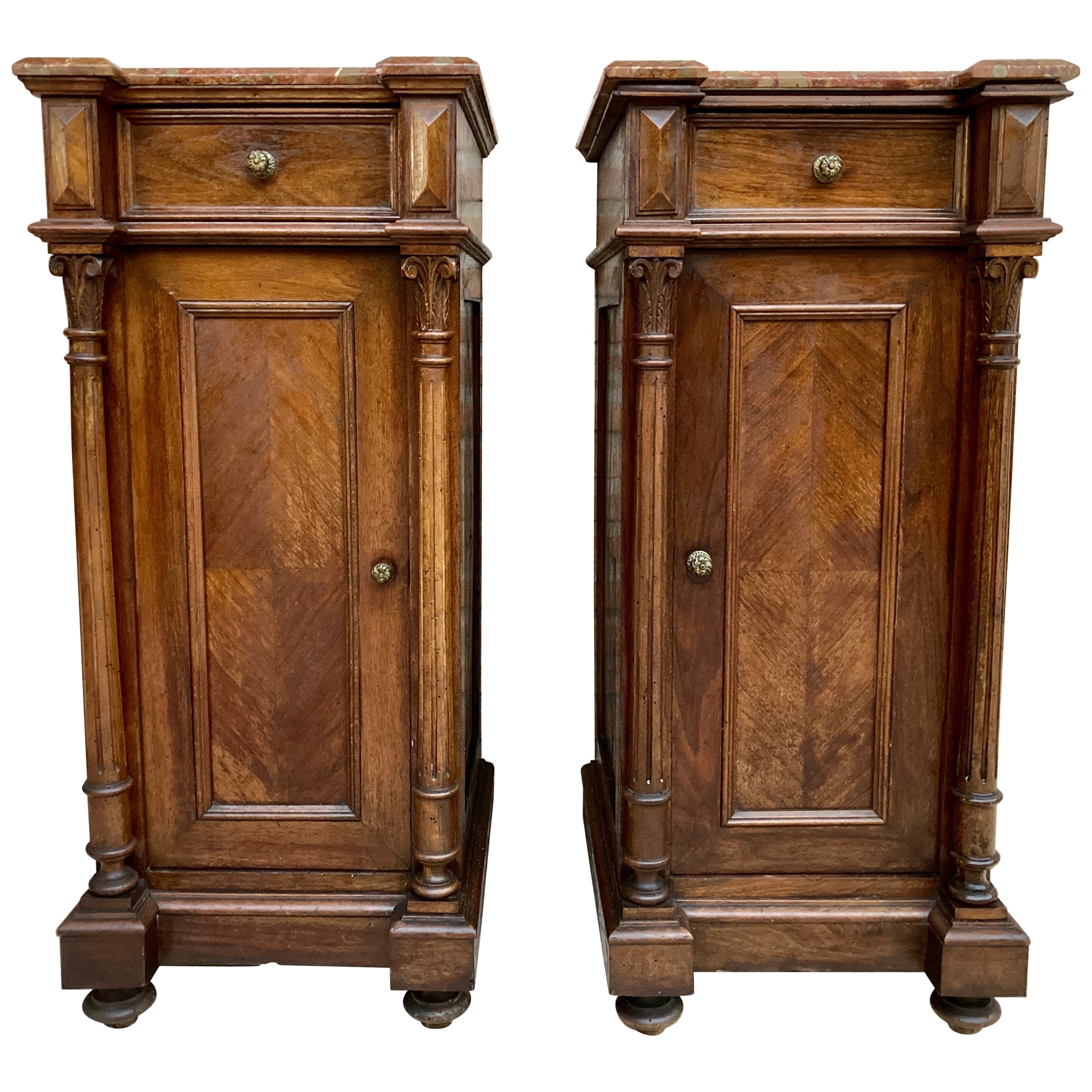 Antique Louis XVI Nightstands with Red Marble Top, 1890s, Set of 2 For Sale