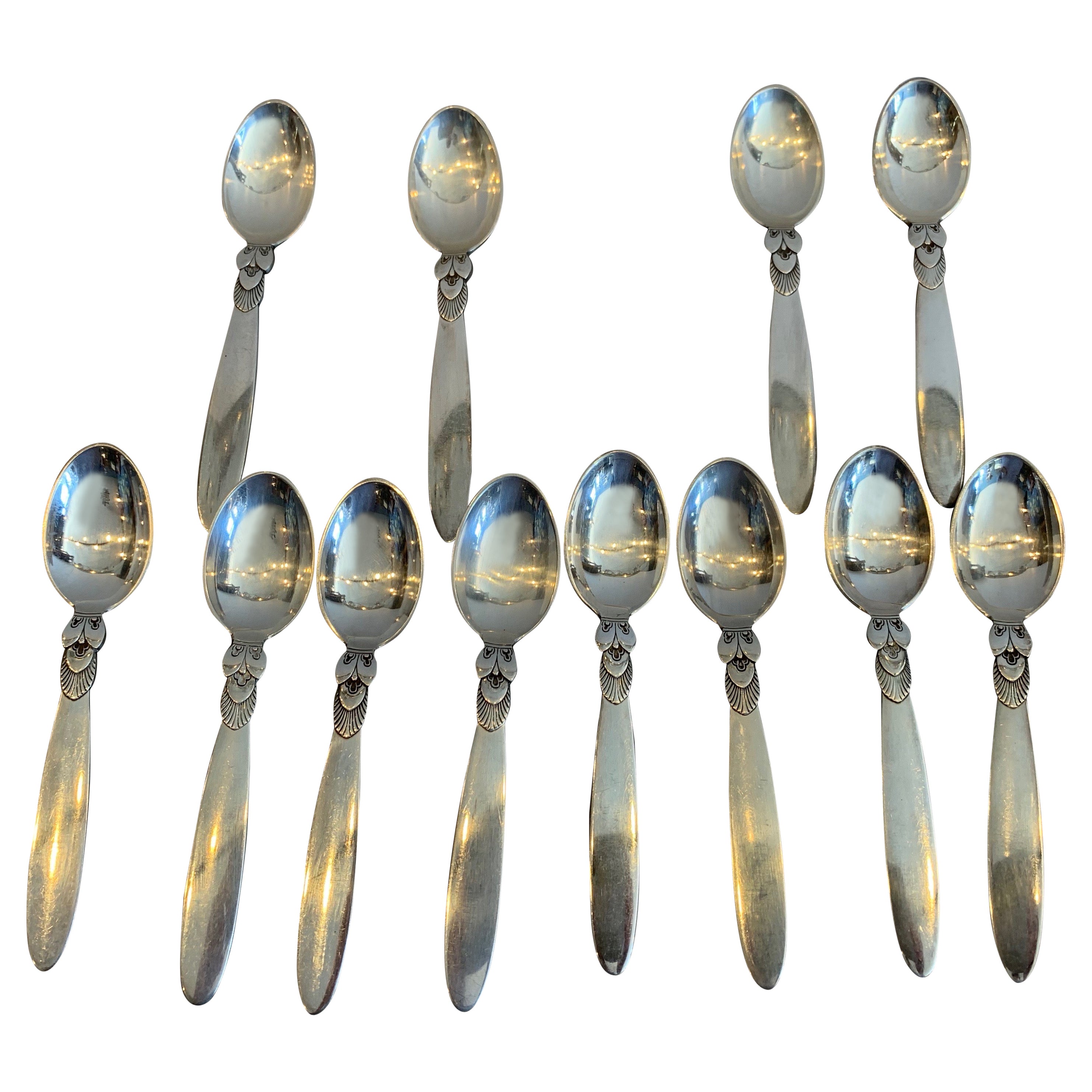 Set of 12 Jensen Denmark Cactus Pattern Fruit Spoons For Sale at