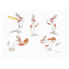 FIVE ORIGINAL DRAWINGS OF BASEBALL BUGS BUNNY - Signed By Virgil Ross