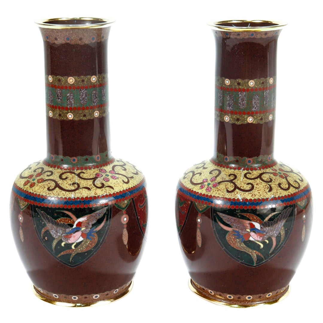 Pair of Signed Antique Japanese Cloisonne Enamel Vases by Daikichi  For Sale