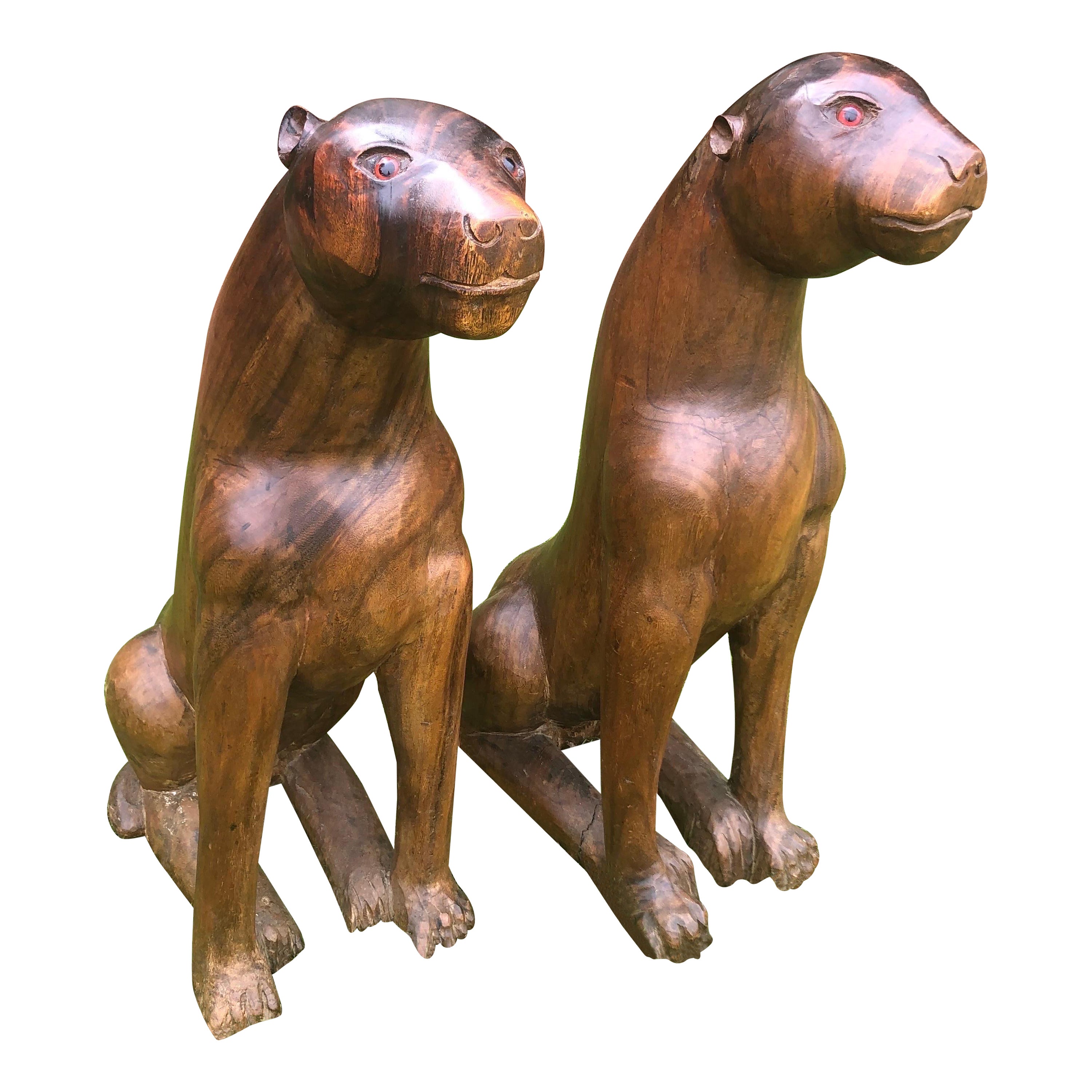 Pair of Large Vintage Carved Wooden Panthers For Sale