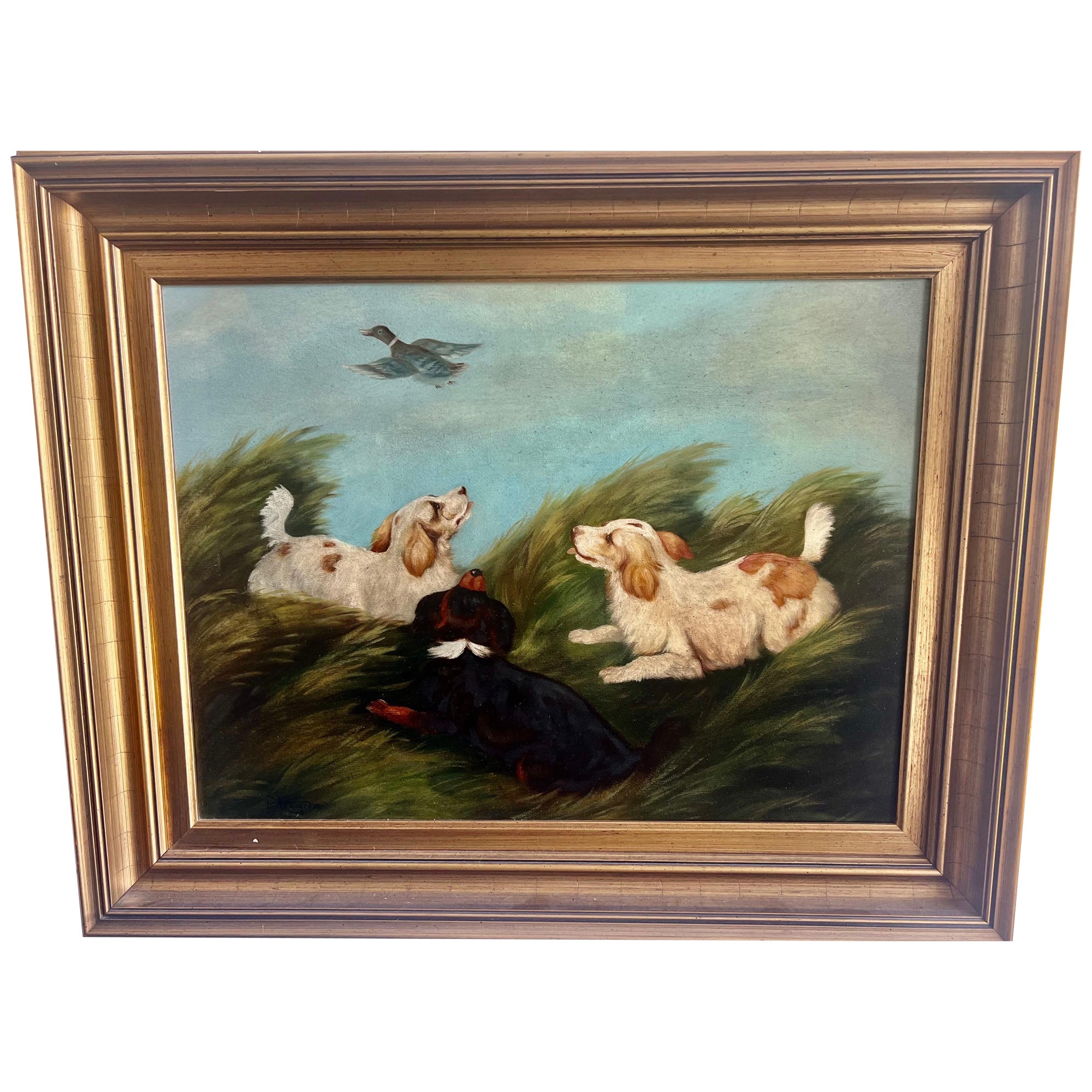 English Oil on Canvas Depicting Trio of Spaniels For Sale