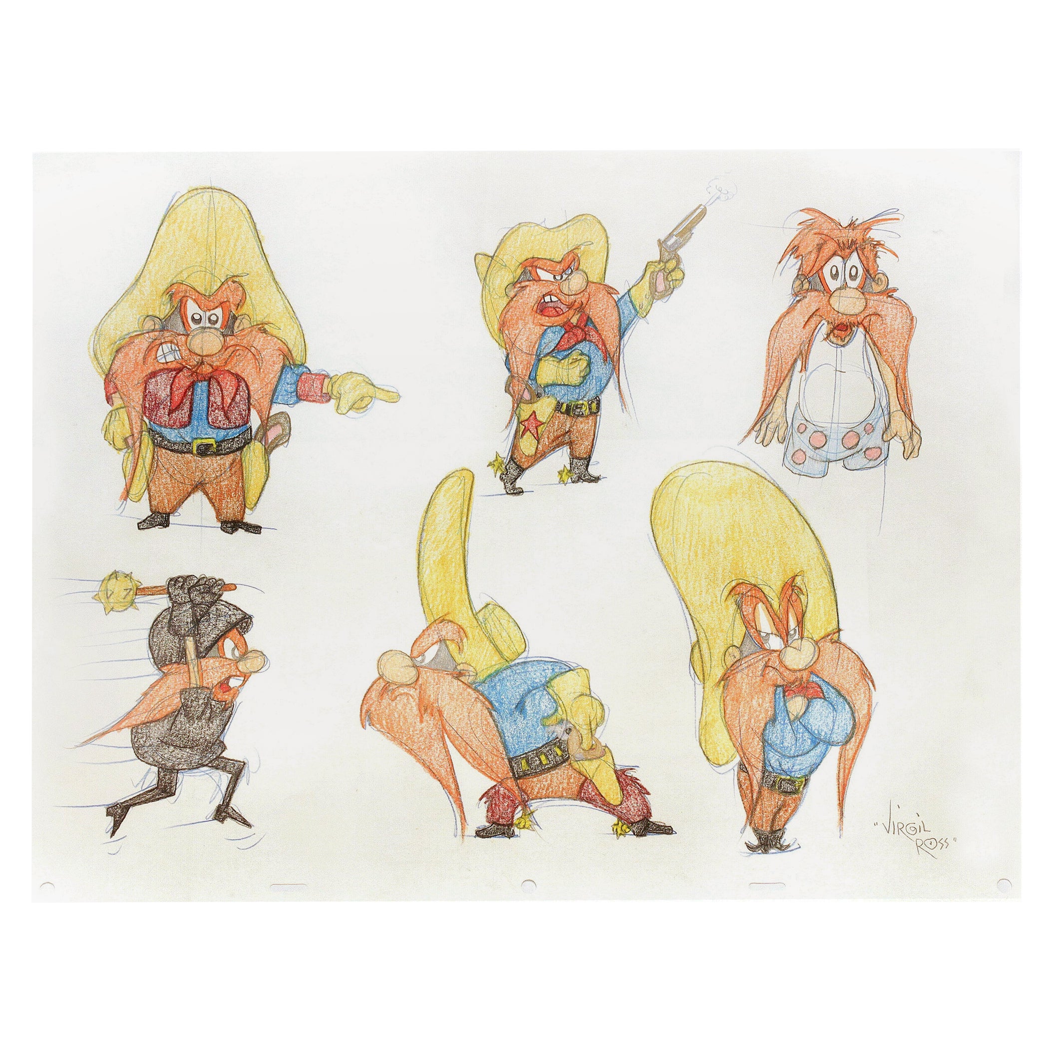 SIX ORIGINAL DRAWINGS OF YOSEMITE SAM - Signed By Virgil Ross For Sale