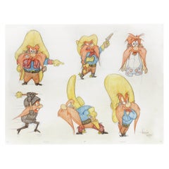 Vintage SIX ORIGINAL DRAWINGS OF YOSEMITE SAM - Signed By Virgil Ross