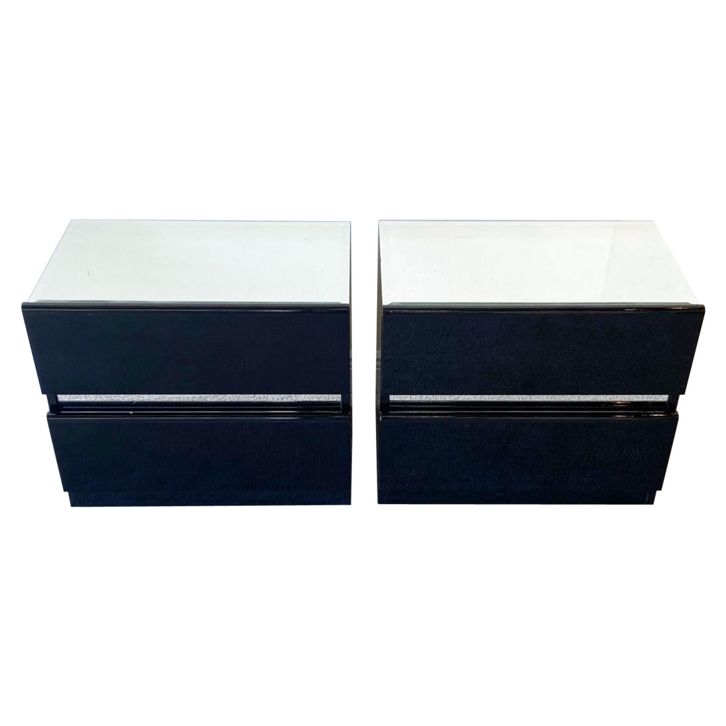 1980s Vintage Italian Mirrored Top Black Lacquered Nightstands - a Pair