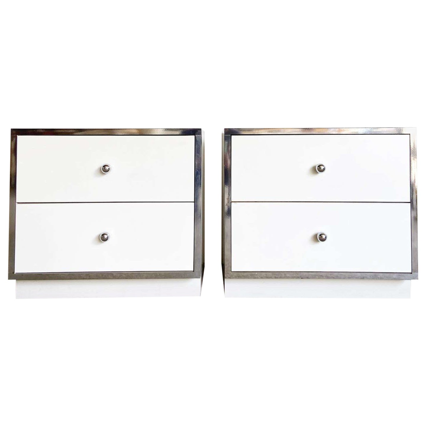 Postmodern White Lacquer Laminate and Chrome Nightstands - a Pair For Sale