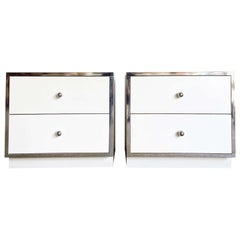 Used Postmodern White Lacquer Laminate and Chrome Nightstands - a Pair