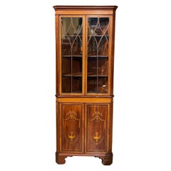 Antique Edwardian Mahogany Glazed Door Corner Cupboard or Cabinet with Fine Inlay