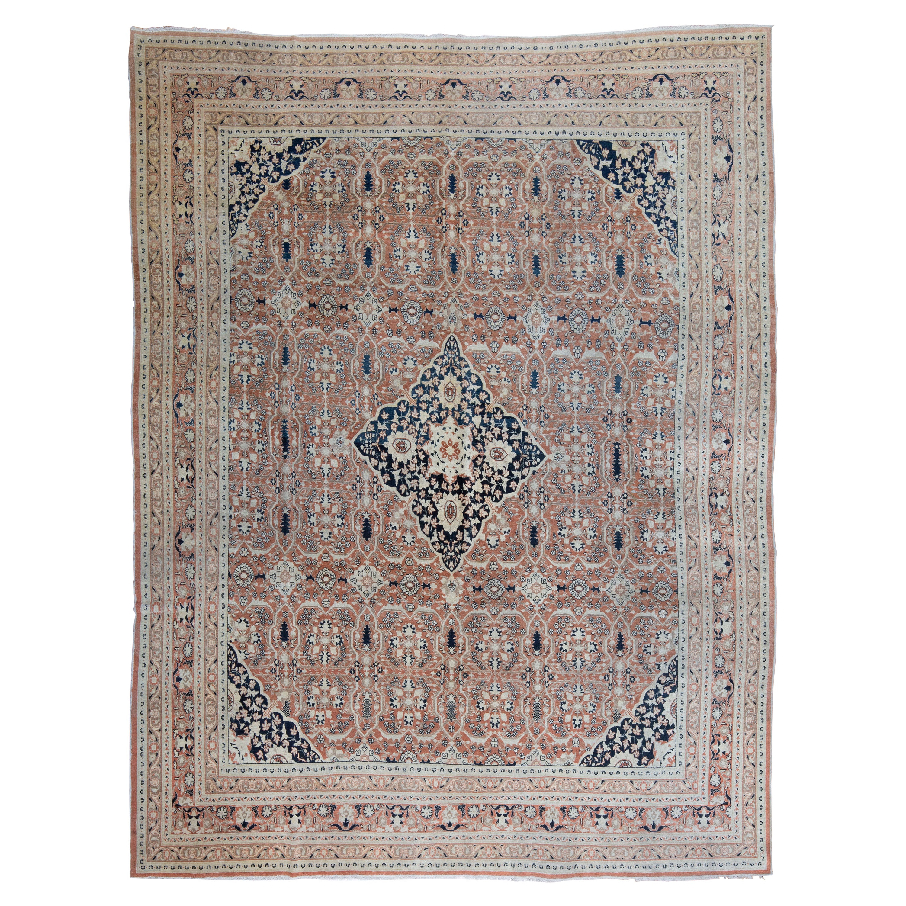 Antique Persian Hadji Jalili Tabriz Blush Pink and Blue Rug, Late 19th Century For Sale