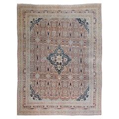 Alfombra Persa Antigua Hadji Jalili Tabriz Rosa y Azul, Finales S. XIX