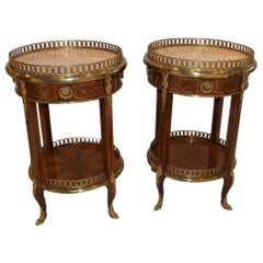 Pair of Louis XV style round side table, marble top, extensive bronze details.