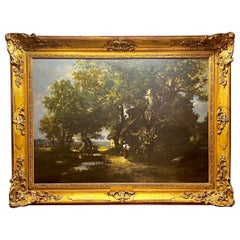 Huile française ancienne  Peinture sur toile « La Chaumiere à Fontainebleau » 