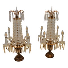 Antique Pair of chandelier style glass table lamps, bronze base, four exterior lights.