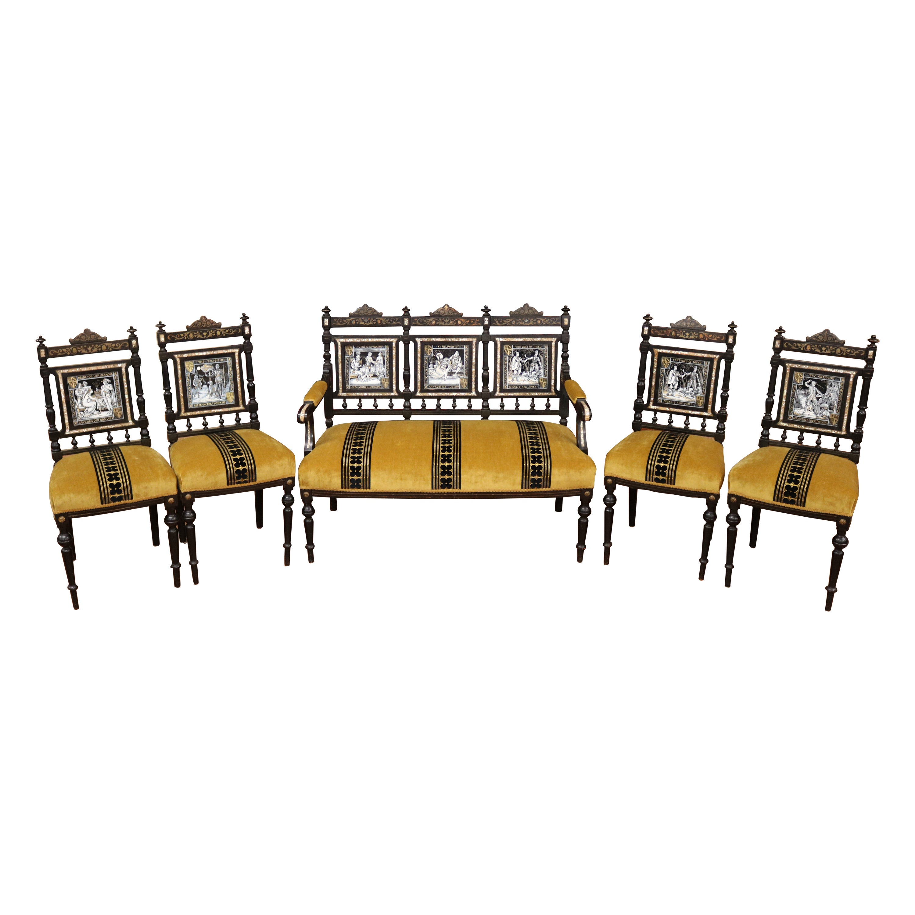 19th Century Aesthetic Victorian Parlor Set Settee & 4 Chairs By John Moyr Smith For Sale