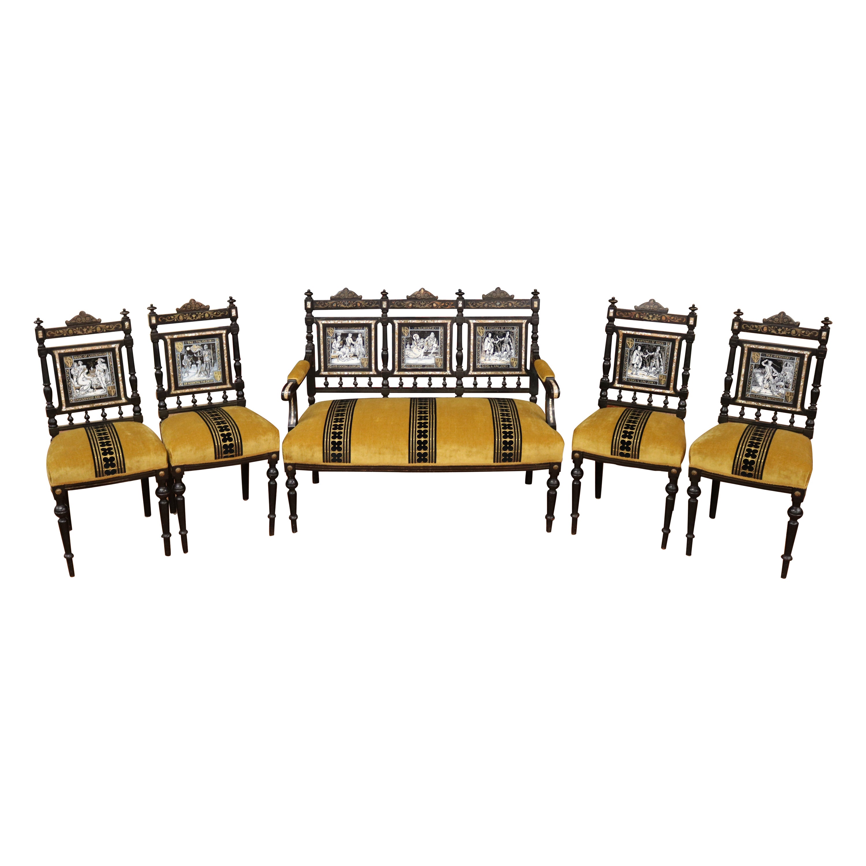 Set da salotto vittoriano estetico del XIX secolo con divano e 4 sedie di John Moyr Smiths