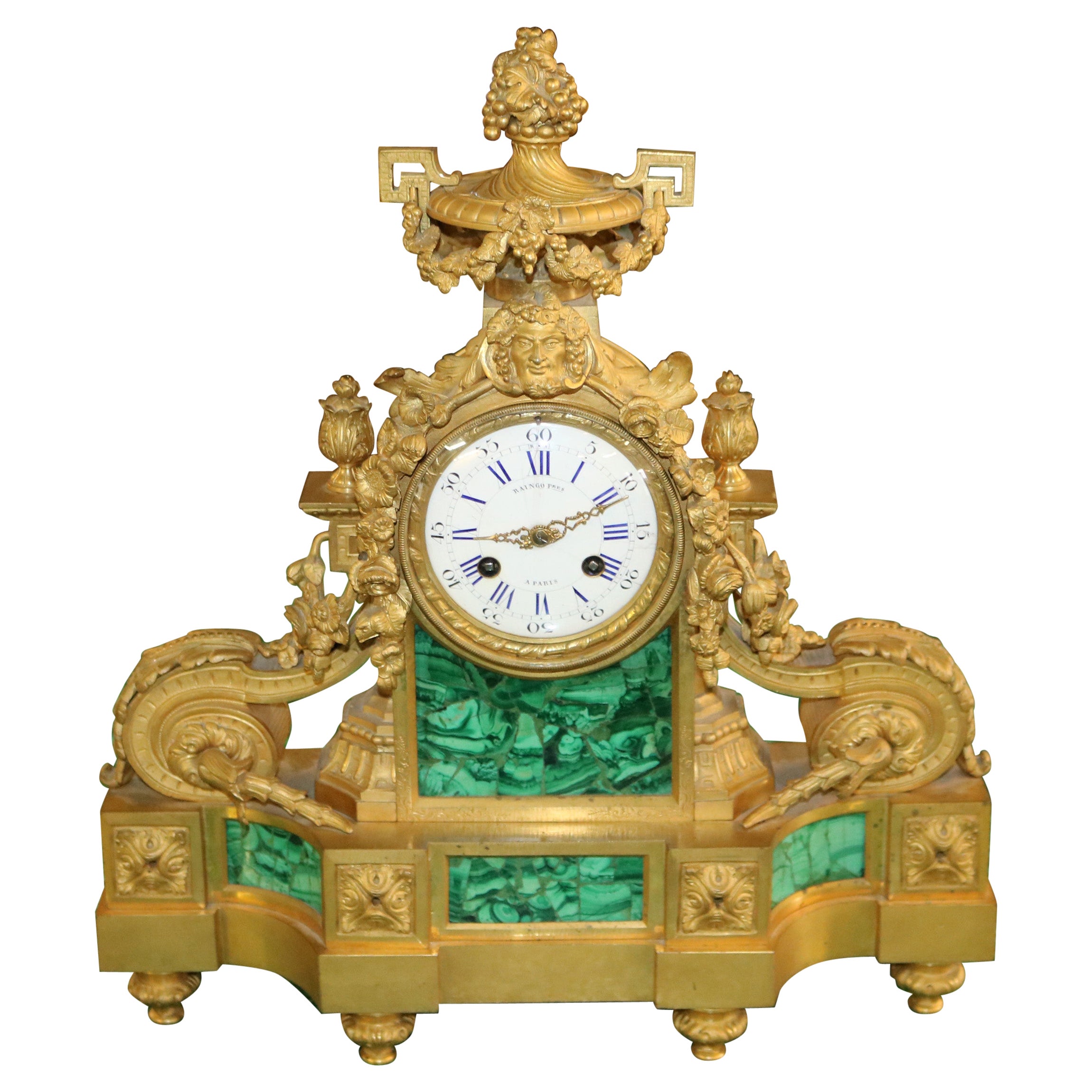 19th Century French Bronze & Malachite Mantel Clock By Raingo Freres Paris