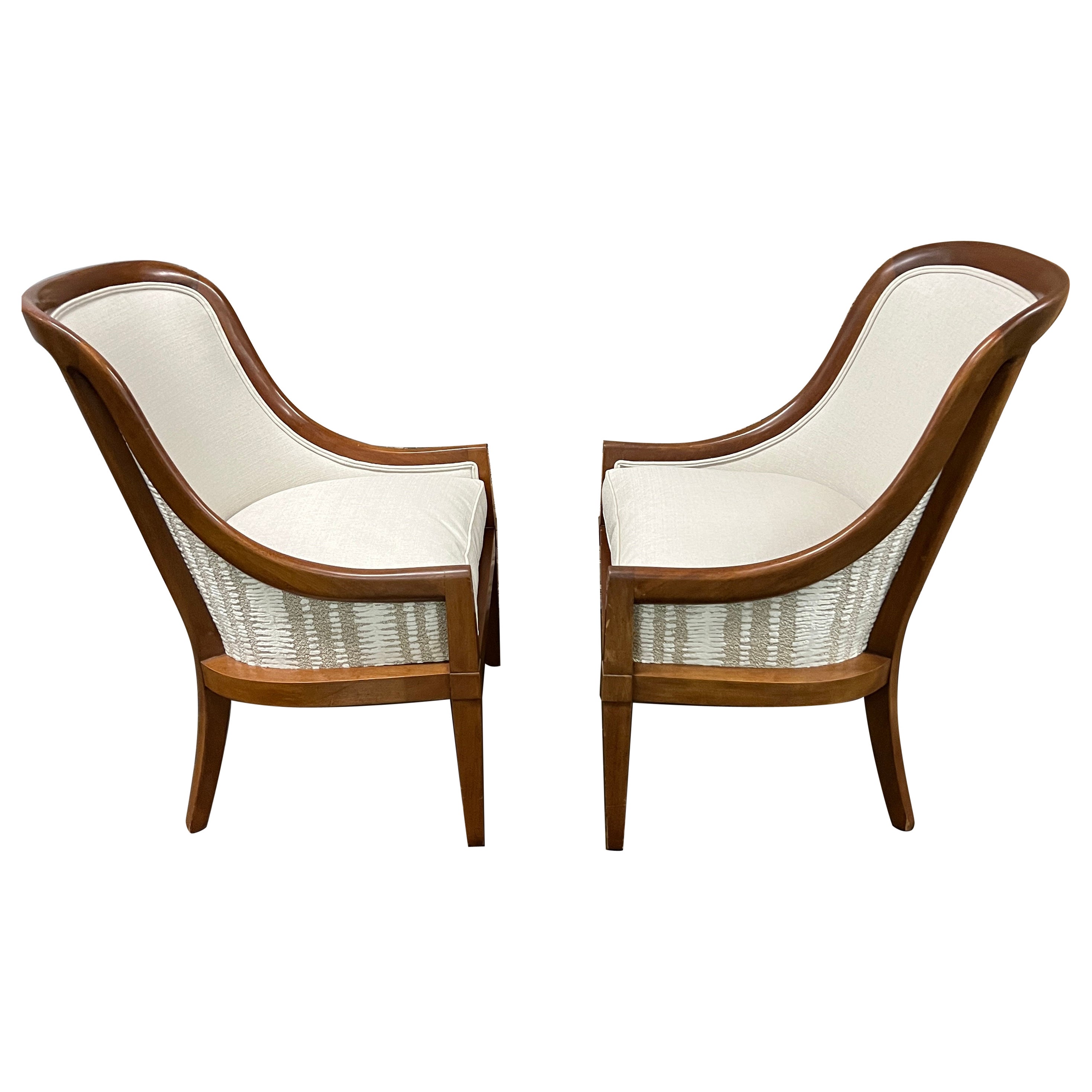 Pair of 1940's Spoon Back Lounge Chairs with Walnut Frames For Sale