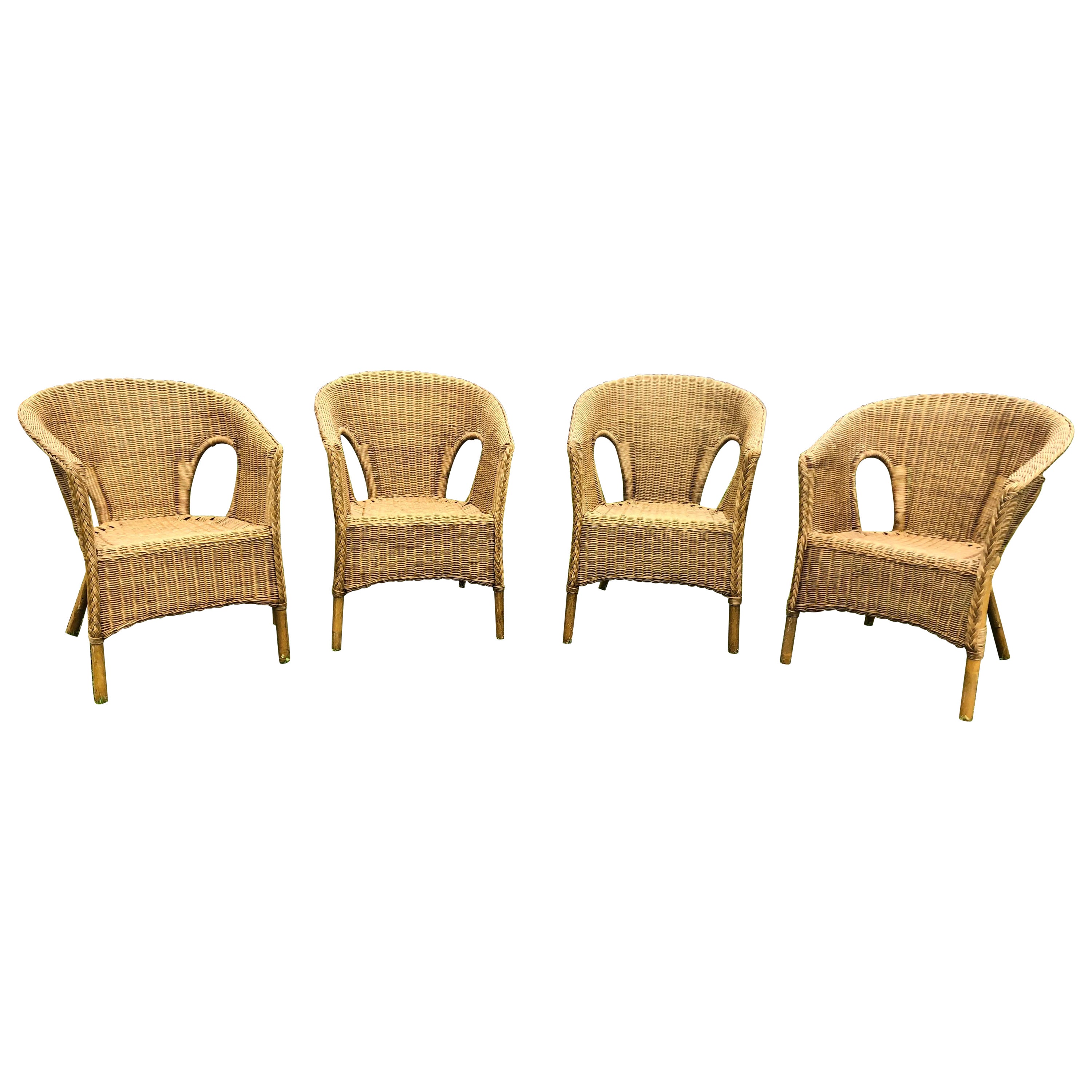 Set Of Four Vintage Woven Wicker Chairs