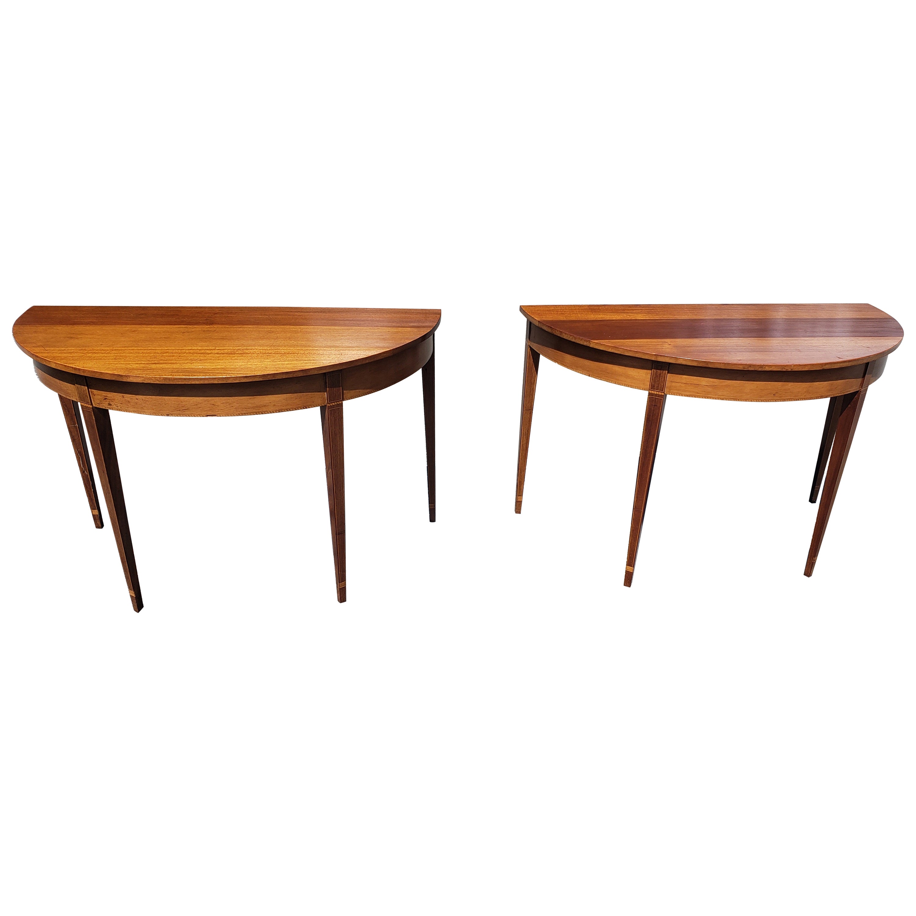 Pair 1930s American Federal Mahogany Inlaid Large Console Tables or Dining Table For Sale