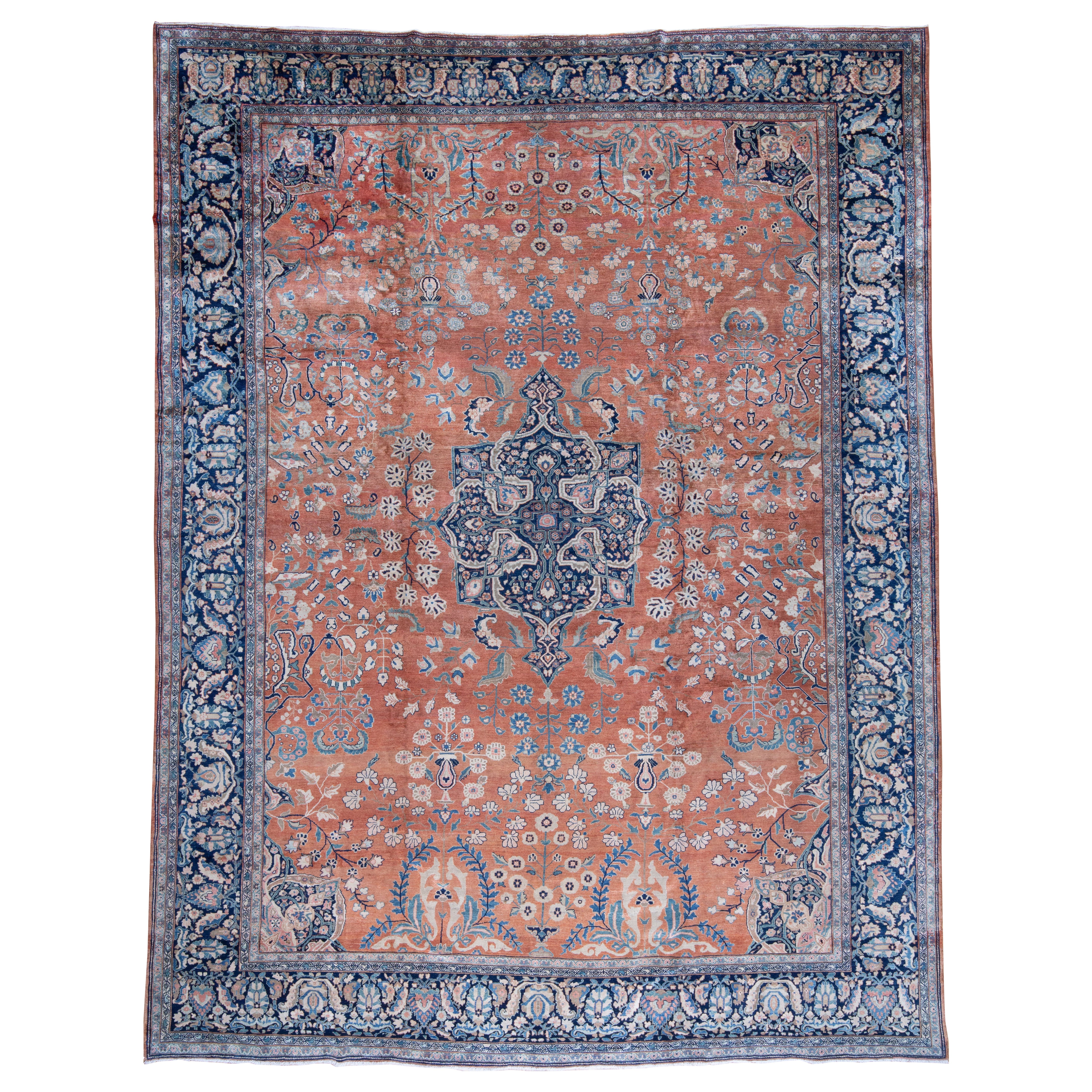 Oversized Antique Persian Ferahan Sarouk Coral and Blue Rug, late 19th Century