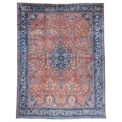 Oversized Antique Persian Ferahan Sarouk Coral and Blue Rug, late 19th Century