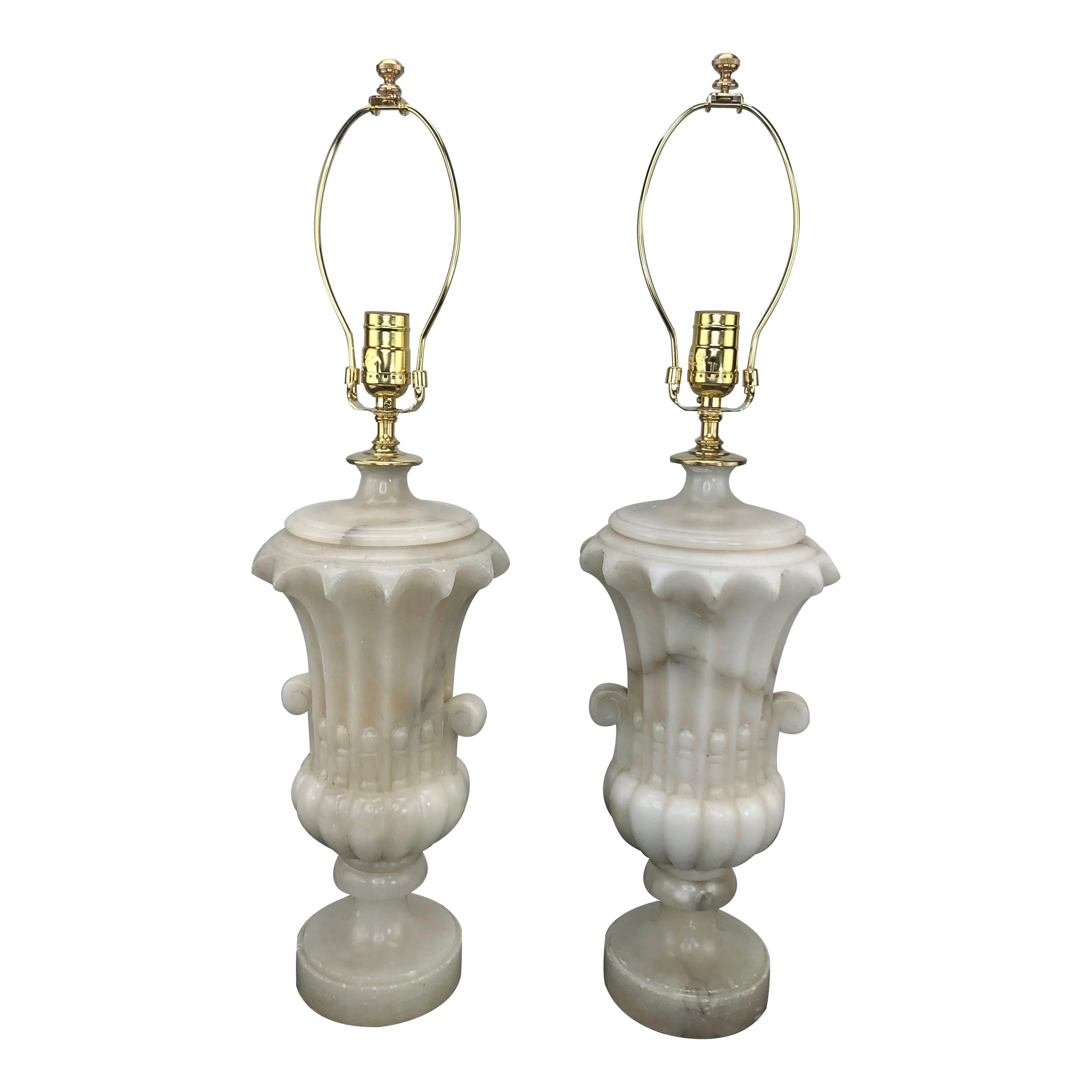 Pair Of Italian Alabaster Carved Urn Lamps