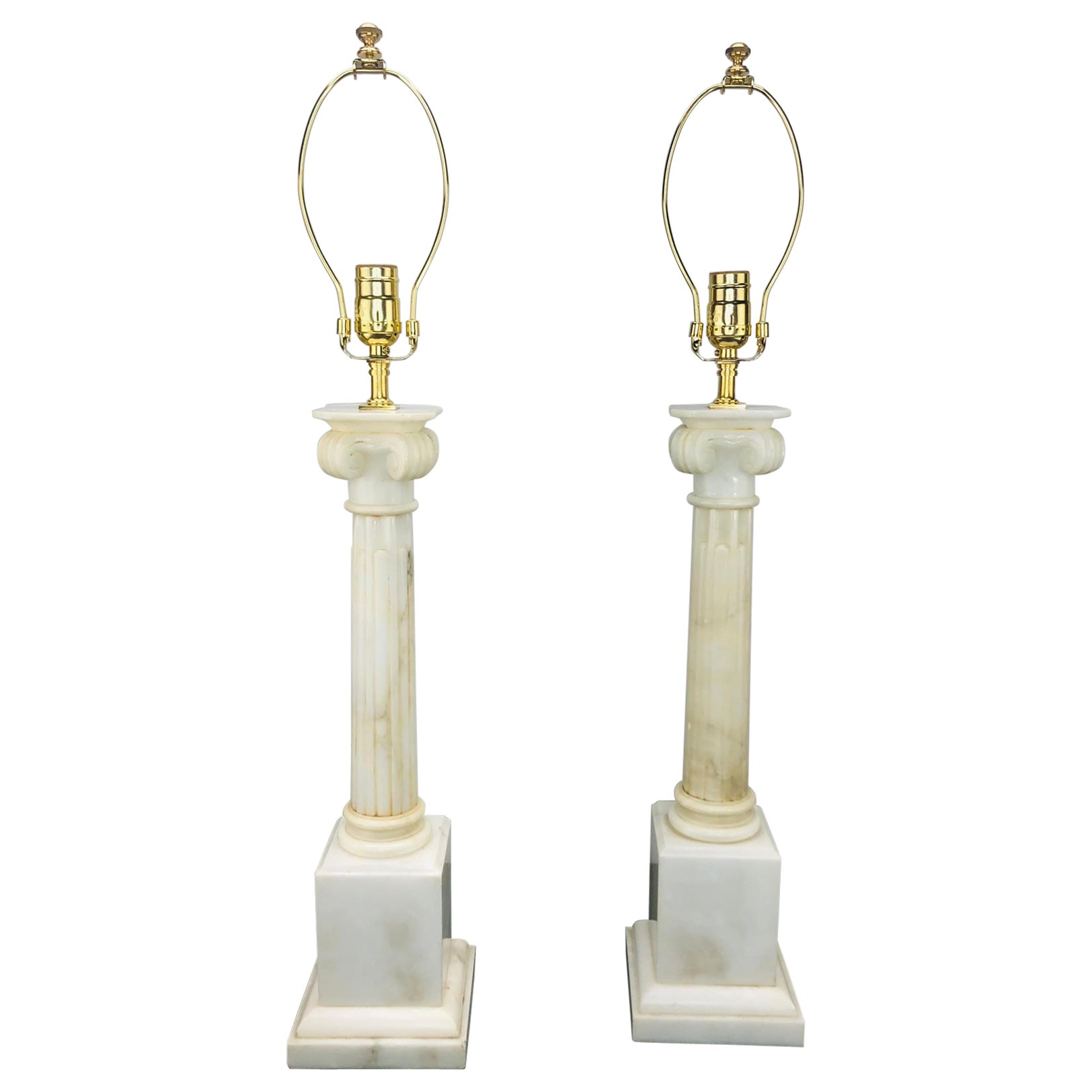 Pair of Large Vintage Italian Alabaster Column Lamps with Ionic Capitals For Sale