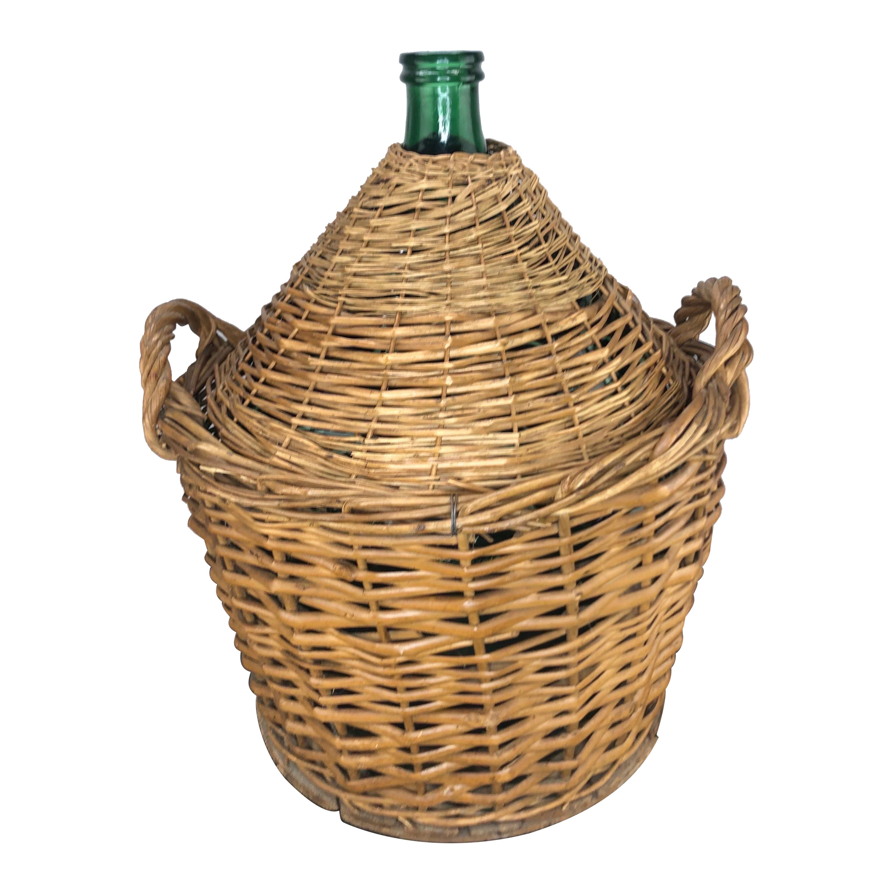 Large Antique French Demijohn in Woven Wicker Basket For Sale