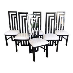 Art Deco Black Lacquered Wooden Dining Chairs With White Cushions - Set of 6
