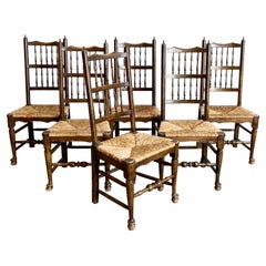 Chaises de salle à manger en bois avec dossier en fuseau et assise en jonc - Lot de 6