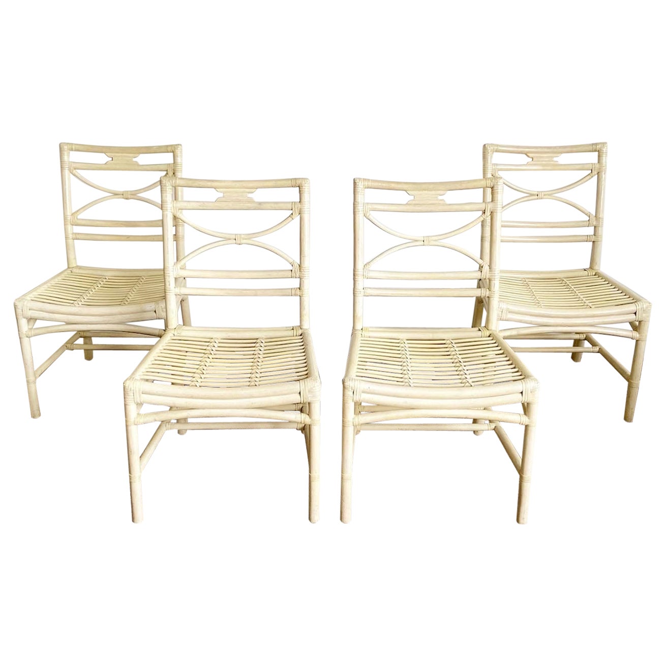 Boho Chic Cream Bamboo Rattan Dining Chairs For Sale