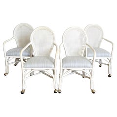 Regency White Cane Back Bamboo Rattan Dining Chairs on Casters - Set of 4