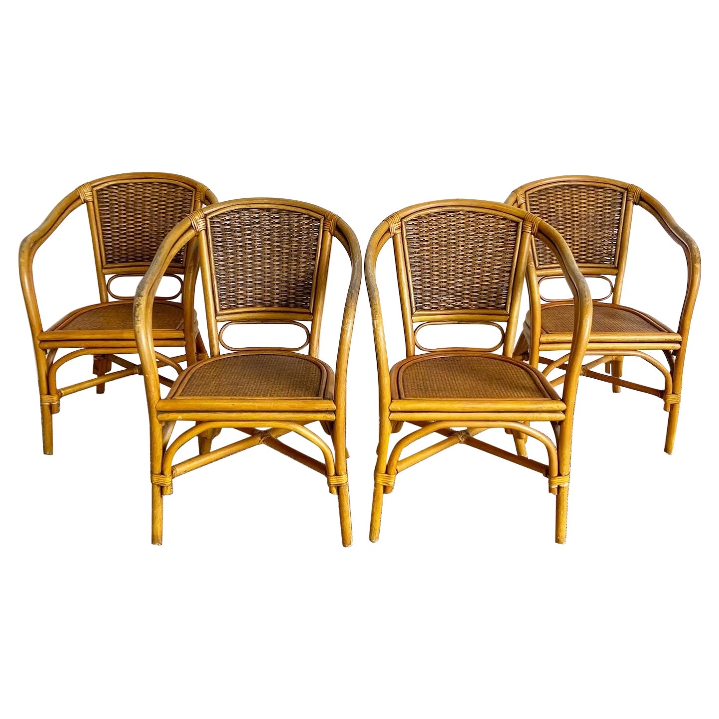 Boho Chic Bamboo Rattan Balloon Back Arm Chairs - Set of 4 For Sale at ...