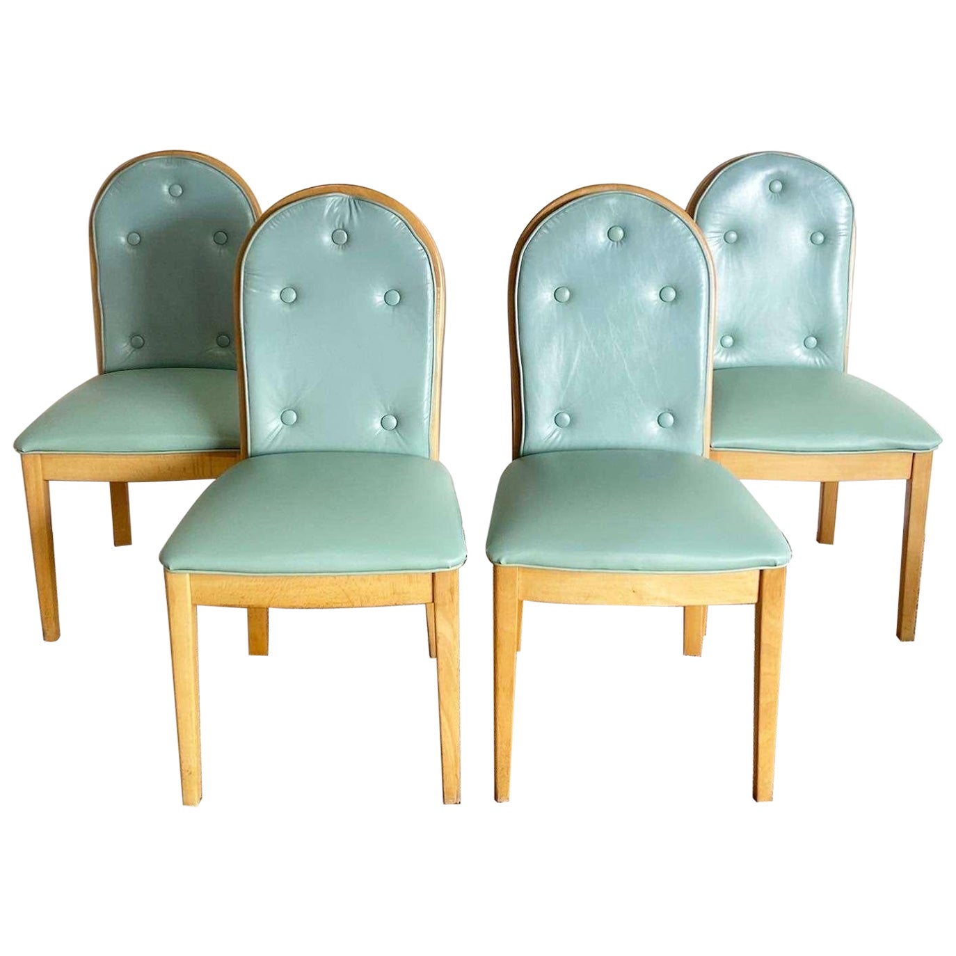 Boho Chic Cane Back Blue Tufted Vinyl Dining Chairs - Set of 4 For Sale