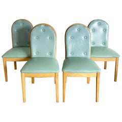 Retro Boho Chic Cane Back Blue Tufted Vinyl Dining Chairs - Set of 4