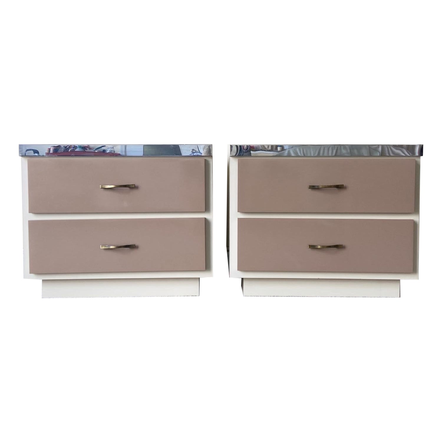 Postmodern Cream and Taupe Lacquer Laminate Nightstands - a Pair For Sale  at 1stDibs