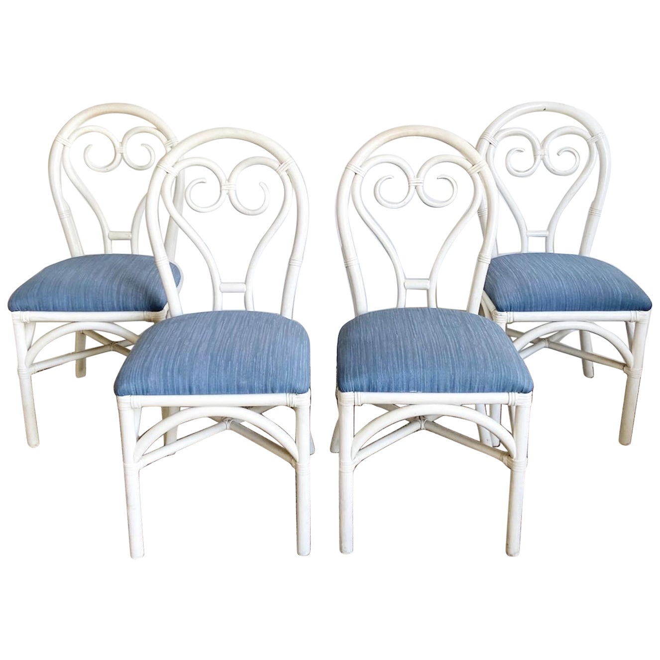 Boho Chic White Sculpted Bamboo Rattan Dining Chairs - Set of 4 For Sale