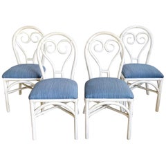 Retro Boho Chic White Sculpted Bamboo Rattan Dining Chairs - Set of 4