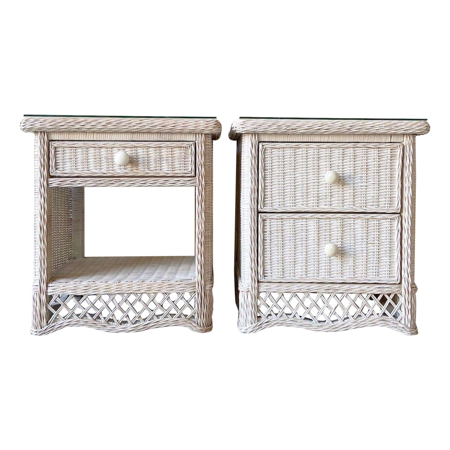 1990s Boho Chic White Wicker Glass Top Nightstands - Set of 2