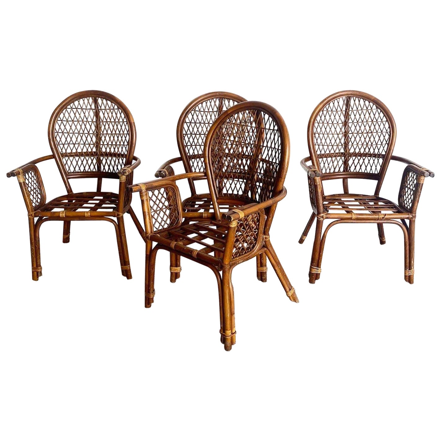 Boho Chic Bamboo Rattan Balloon Back Arm Chairs - Set of 4 For Sale