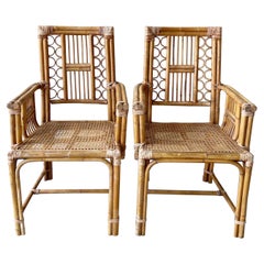 Vintage Boho Chic Bamboo Rattan and Cane Dining Chairs Attributed to Brighton - a Pair