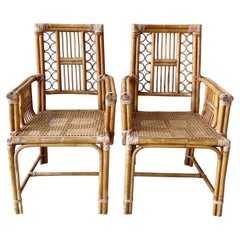 Boho Chic Bamboo Rattan and Cane Dining Chairs Attributed to Brighton - a Pair