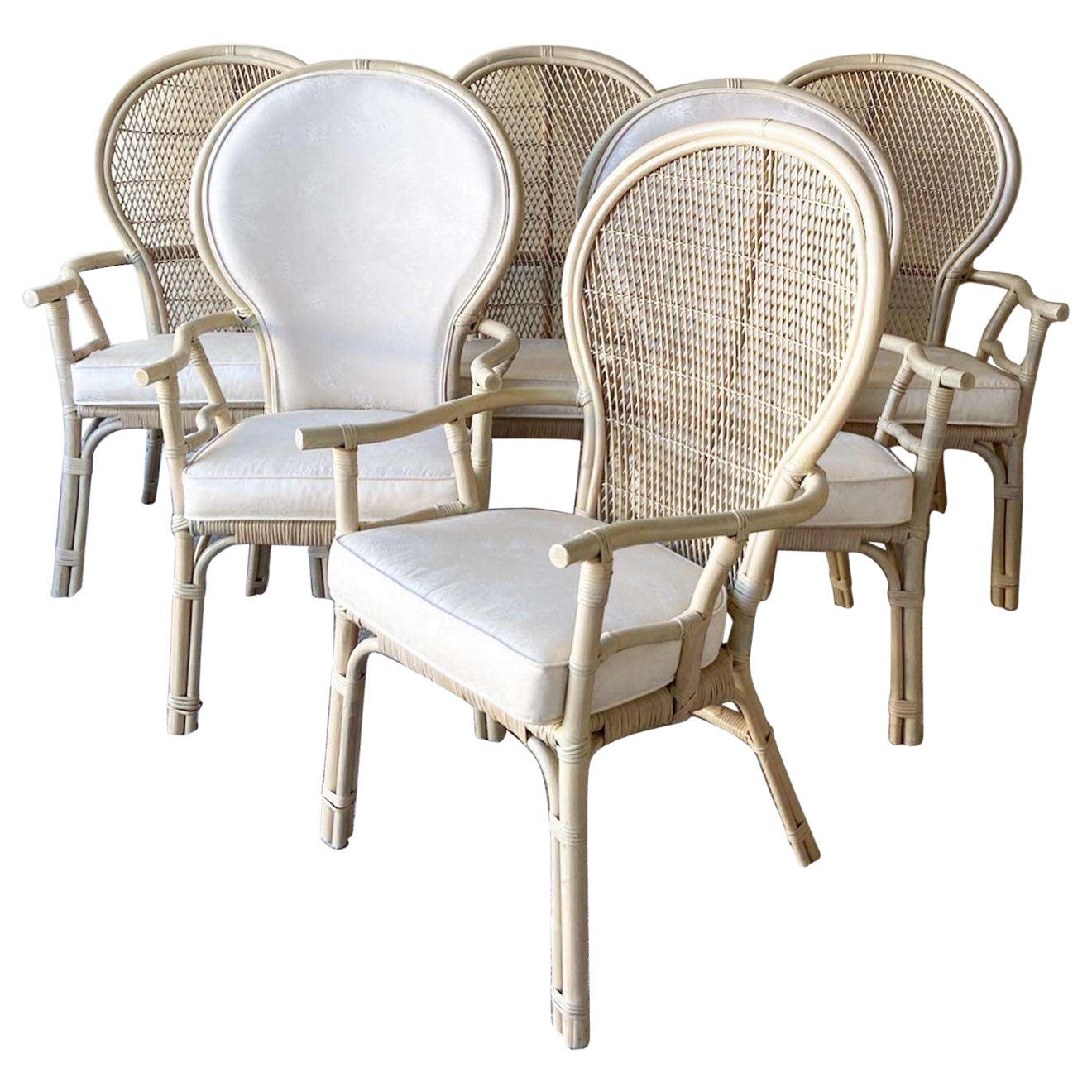 Boho Chic Balloon Back Bamboo Rattan Dining Chairs - Set of 6 For Sale
