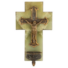 Antike Französisch  Onyx und Bronze Heiliges Wasserbecken Kruzifix Jesus Christ