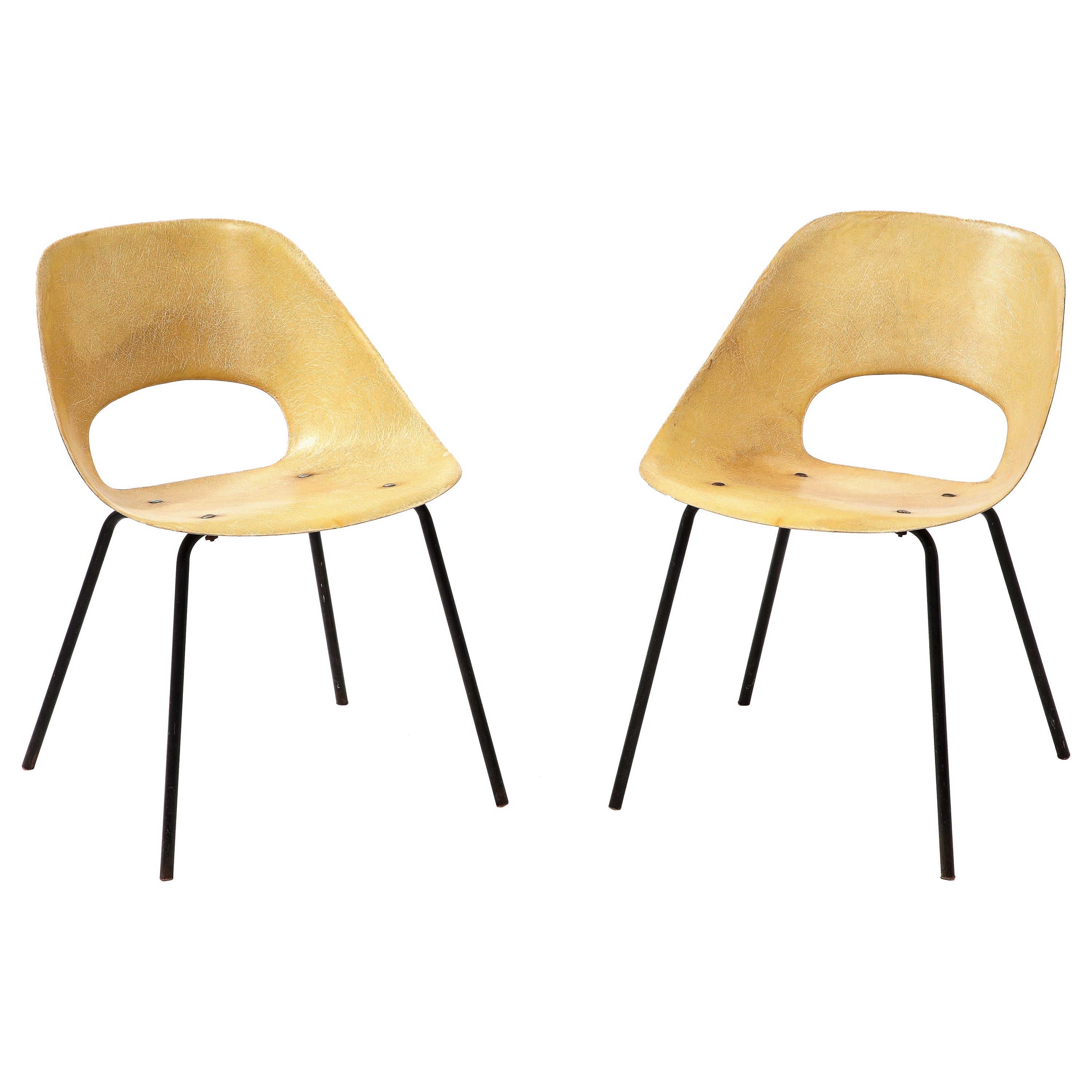 Pair of Pierre Guariche Yellow Fiberglass Side Chairs by Steiner - France 1950's