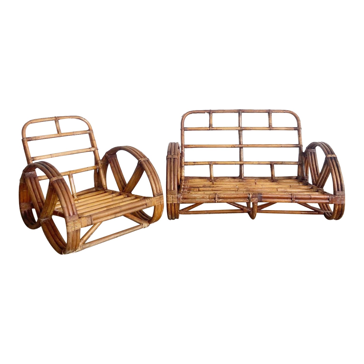 Boho Chic Three Strand Rattan Pretzel Sofa and Chair After Frankl -2 Pieces For Sale