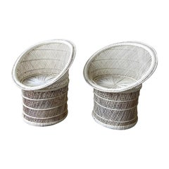 Boho Chic White Wicker and Rattan Pedestal Chairs
