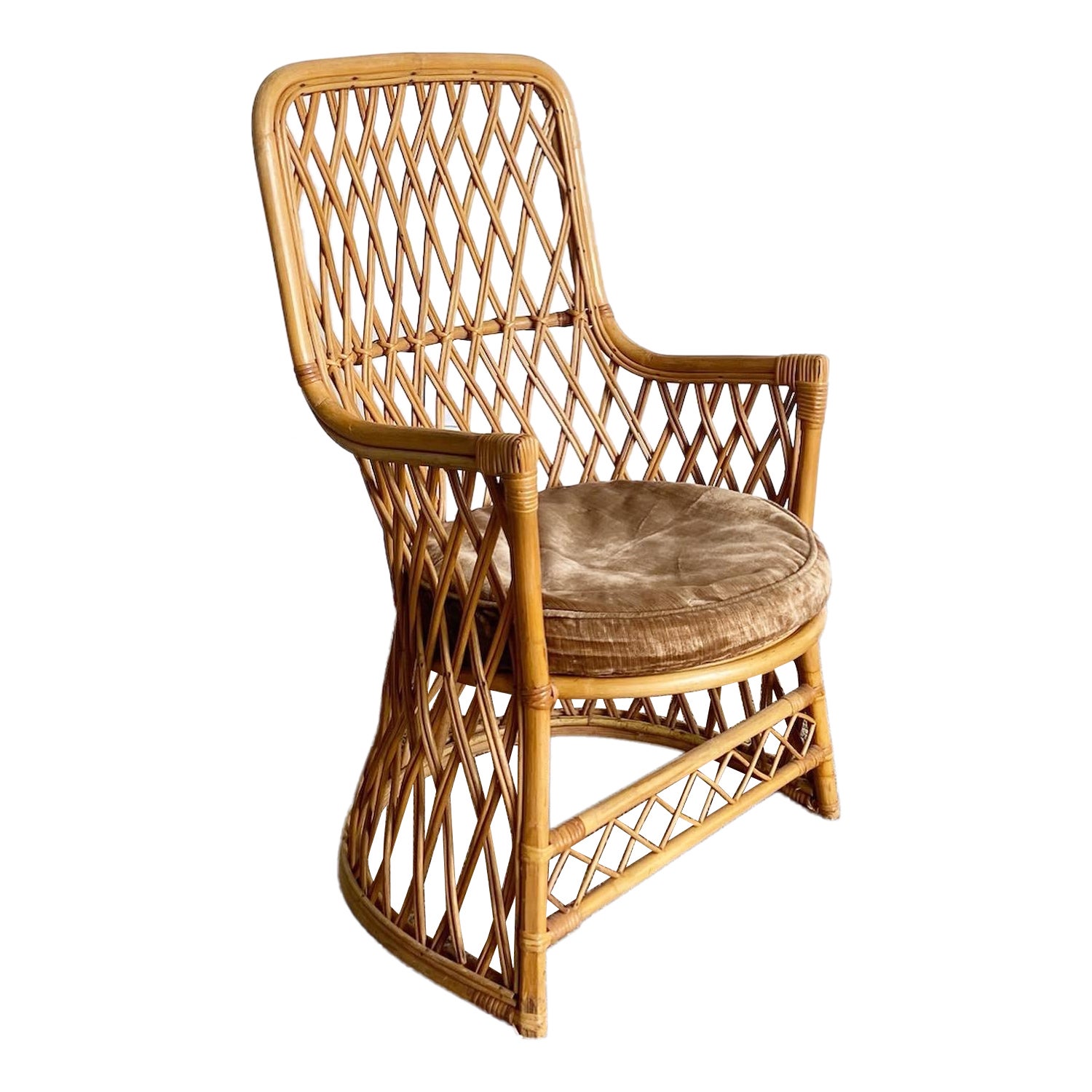 Boho Chic Bamboo Rattan Side Chair With Circular Brown Seat Cushion For Sale