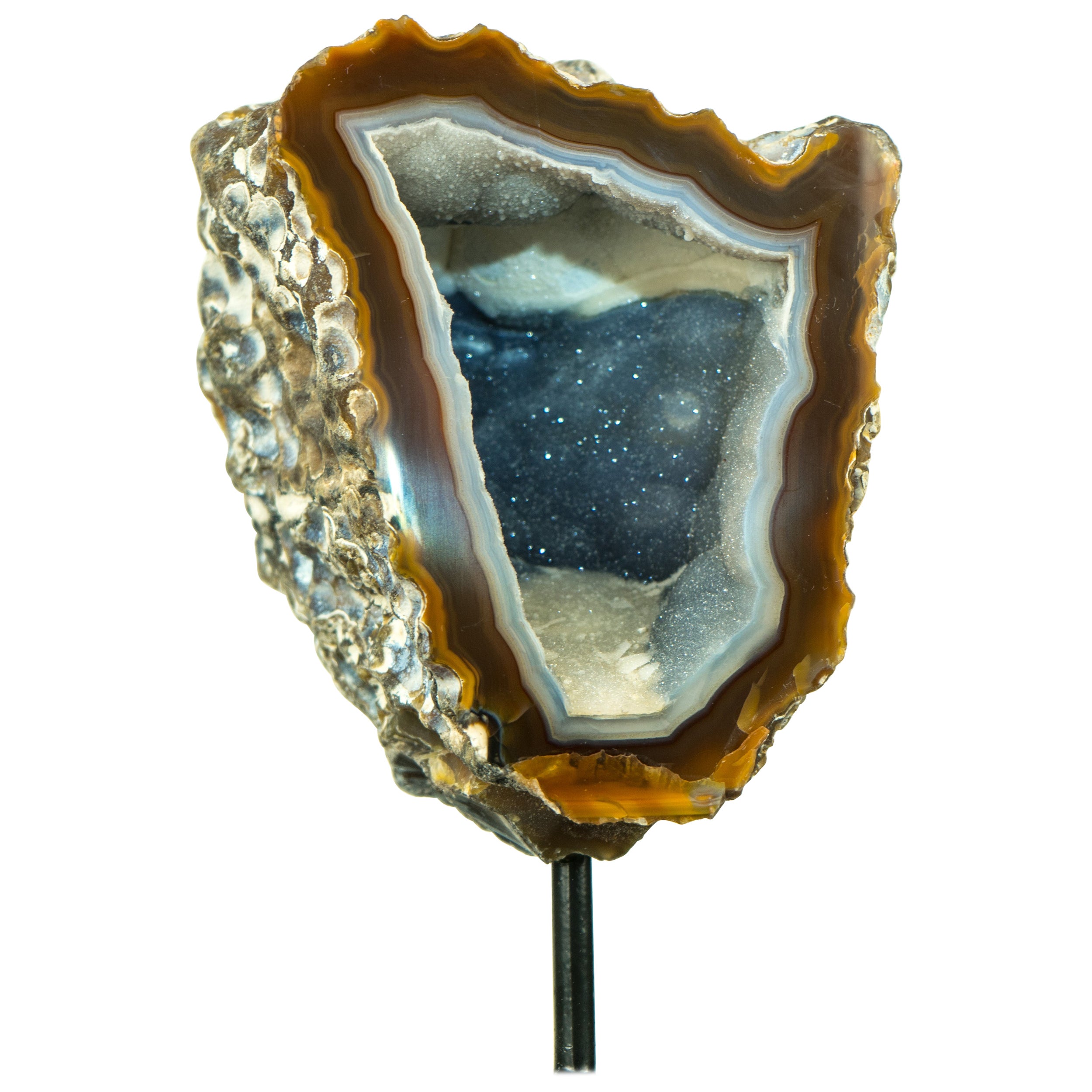 Gallery Grade Amber and White Lace Agate Geode with Blue Galaxy Druzy For Sale