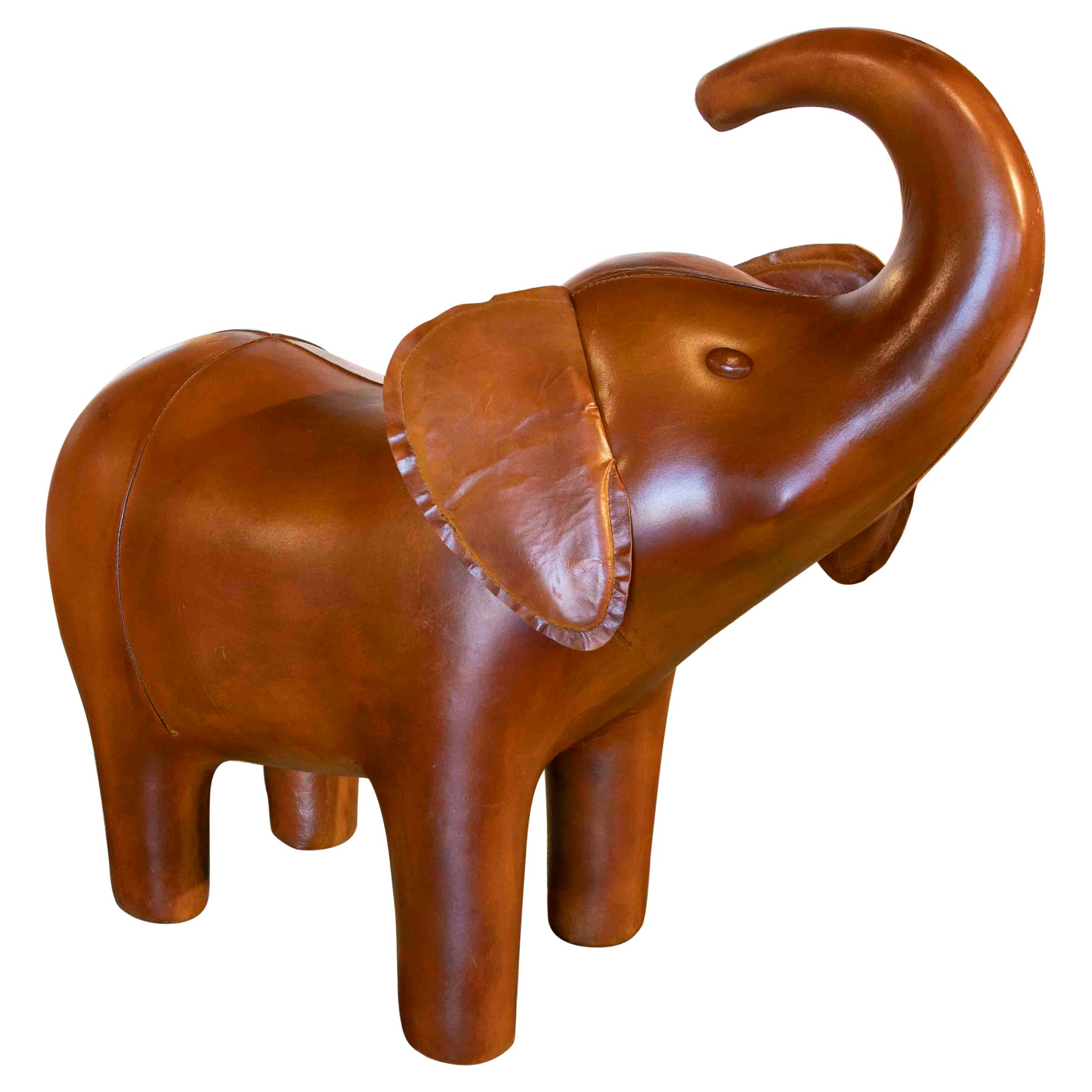 Handmade Elephant Stool Upholstered in Antiqued Brown Leather For Sale